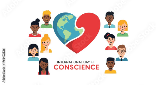 Illustration of diverse people around a heart with Earth, symbolizing global conscience awareness and peace on International Day of Conscience with a flat design.