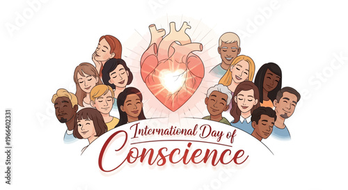 Illustration of diverse people surrounding a heart on International Day of Conscience, promoting global peace awareness and human values with a colorful design.