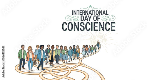 Illustration of diverse people walking on intertwined paths celebrating International Day of Conscience with global peace awareness and human values.