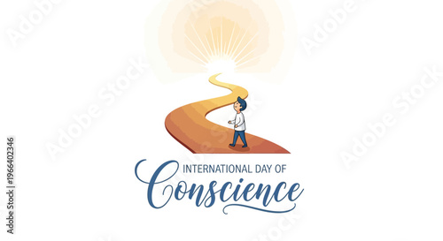 Illustration of a person standing on a winding path towards a radiant sun, symbolizing International Day of Conscience with a global peace awareness and moral education concept.