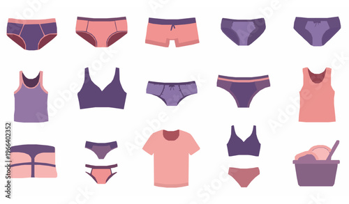Detailed flat underwear icon set with lingerie, briefs, and everyday clothing illustrations