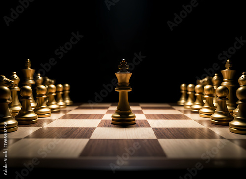 Golden chess piece on chessboard, aligned. Represents strategy, intelligence, and classic game, symbolizing thoughtful competition and planning, Strategic Success & Leadership