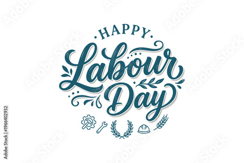 Happy Labour Day Greeting with Industrial and Floral Elements