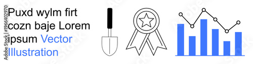 Gardening, awards, education, analytics, market research, achievements. A trowel, award ribbon and bar graph with line overlay. Gardening and achievements concept