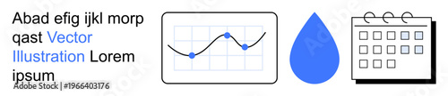Data analysis, scheduling, planning, graphical visualization, organization, water management. Graph with chart points, water drop shape and calendar graphic. Data analysis and scheduling concept
