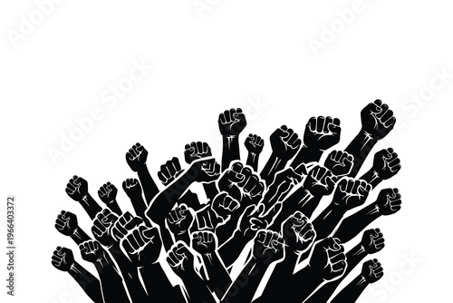 Many raised fists in solidarity and protest on white background