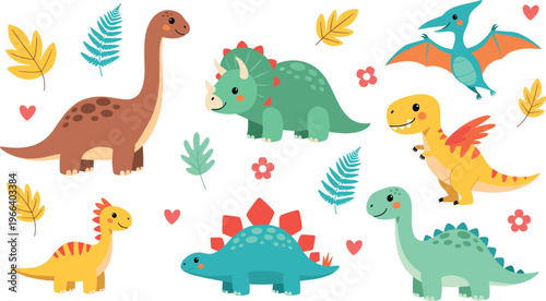 Set of Colorful Cartoon Dinosaurs with Hearts, Flowers, and Leaves for Kids and Animal Illustrations