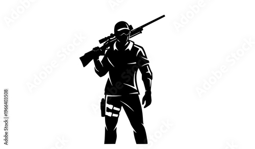Standing tactical marksman silhouette with rifle clean minimal black vector isolated on white