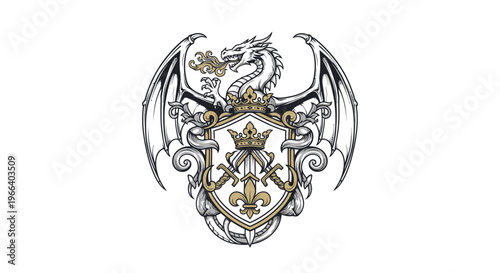 Heraldic Crest with Dragon and Shield - Fantasy Emblem Design