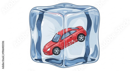 A vibrant red compact car is completely frozen inside a large, crystal-clear ice cube, illustrating concepts of entrapment, preservation, or unexpected winter challenges for transportation