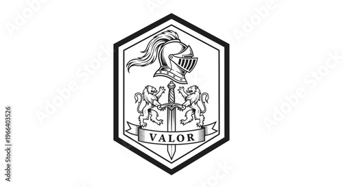 Heraldic Crest with Helmet and Lions Supporting a Sword, Valor Motto