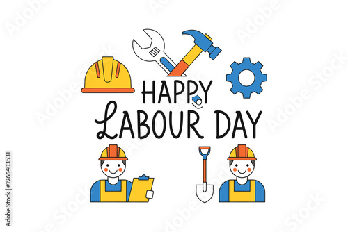 Happy Labour Day celebration with construction workers and tools