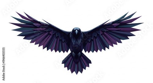 Vibrant Graphic Illustration of a Raven in Flight with Outstretched Wings, Featuring Deep Purple and Blue Plumage, Symbolizing Enigma and Strength