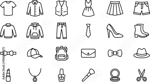 A collection of various fashion items and accessories in simple line drawings
