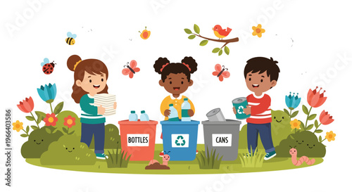 Three diverse children are shown happily recycling bottles, cans, and paper in a colorful, nature-filled park setting with animals.