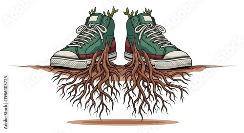 Creative Roots Sneakers with Growing Sprouts Symbolizing Nature and Growth