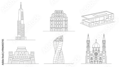 Geometric line art of diverse buildings, reflecting modern city architecture