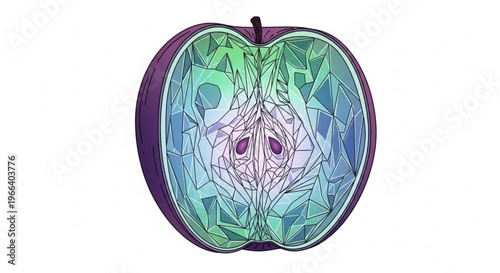 Stylized purple apple illustration, sliced, revealing an intricate geometric mosaic. A kaleidoscope of green, blue, and violet polygons blends organic fruit with abstract modern art