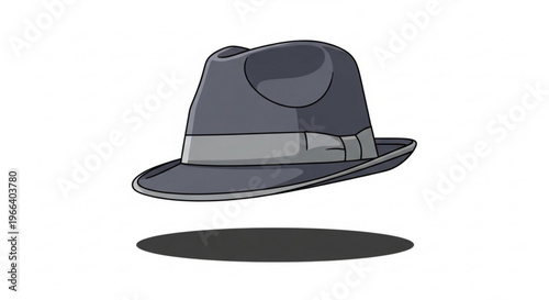 A classic grey fedora hat with a dark ribbon band, casting a subtle shadow on a white background, evoking a sense of timeless style and mystery