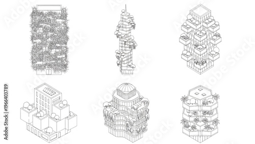 Various architectural building designs with green spaces and balconies