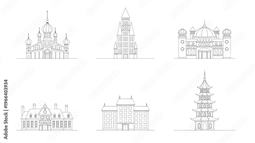 Fototapeta premium Architectural Diversity Global Building Outlines and Cultural Icons