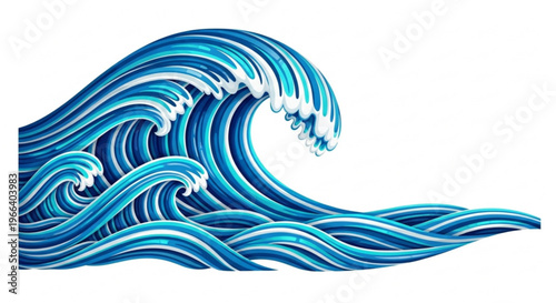 Dynamic and elegant illustration of a powerful ocean wave, featuring intricate blue and white patterns that evoke the raw energy and fluid motion of the sea