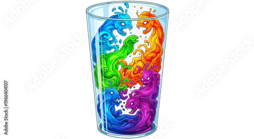 Whimsical creatures made of colorful liquid swim inside a clear glass, representing a vibrant, lively, and playful beverage experience