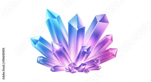 Vibrant cluster of mystical crystals with sharp facets, showcasing a beautiful gradient of shimmering blue, purple, and pink light, exuding an ethereal glow and magical energy