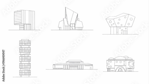 Architectural Facades and Building Designs in Minimalist Line Drawings