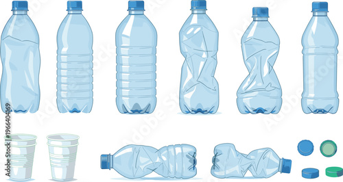 Set of Crumpled Plastic Bottles and Cups with Caps for Recycling and Environmental Protection Designs