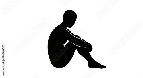 Silhouette of a person sitting and contemplating, in a profile view against a white background, evoking introspection and quiet reflection