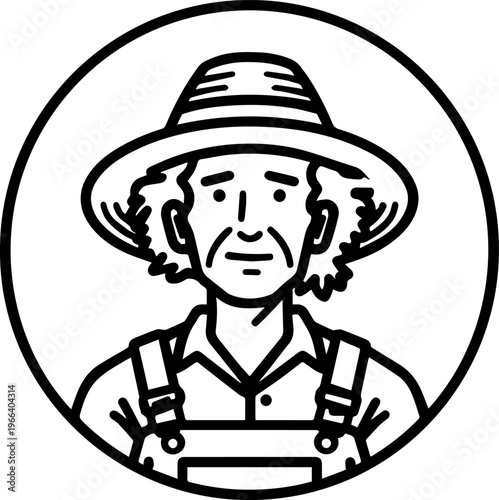 Hand Drawn Elderly Female Farmer Black and White Illustration in Minimal Solid Art Style Design