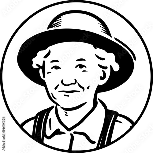 Hand Drawn Elderly Female Farmer Black and White Illustration in Minimal Solid Art Style Design