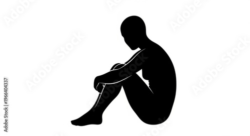 A stark silhouette depicting a person curled up in a vulnerable and introspective posture, conveying feelings of sadness, loneliness, or deep contemplation, isolated on a clean white background