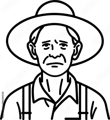 Hand Drawn Elderly Female Farmer Black and White Illustration in Minimal Solid Art Style Design