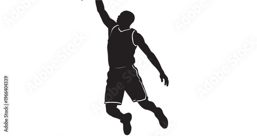Basketball Player Jumping Silhouette Striking black and white vector graphic illustration silhouette depicting a powerful basketball player soaring high.