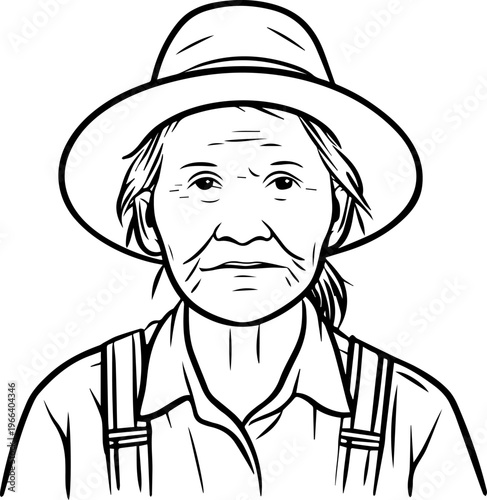 Hand Drawn Elderly Female Farmer Black and White Illustration in Minimal Solid Art Style Design
