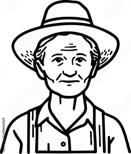 Hand Drawn Elderly Female Farmer Black and White Illustration in Minimal Solid Art Style Design