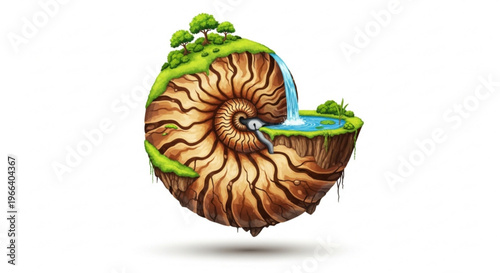 Fantasy illustration of a nautilus shell revealing a vibrant miniature ecosystem with green hills, waterfall, and pond, symbolizing natural balance and delicate life