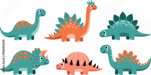 Set of Cute Cartoon Dinosaurs in Various Poses for Animal and Kids Illustrations