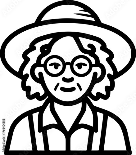 Hand Drawn Elderly Female Farmer Black and White Illustration in Minimal Solid Art Style Design