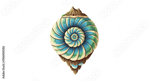 Intricate Nautilus Shell Illustration with Organic Textures and Blue-Green Swirls