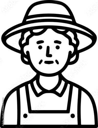 Hand Drawn Elderly Female Farmer Black and White Illustration in Minimal Solid Art Style Design