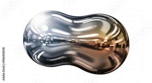 A highly reflective, metallic blob with a smooth, rounded shape, set against a pure white background, showcasing a polished, liquid-like texture and subtle color gradients
