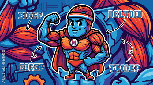 Muscular Cartoon Character Flexing.