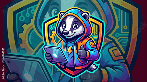 Raccoon wearing hoodie using laptop.