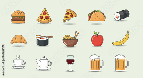 Assorted Food and Drink Icons Collection.