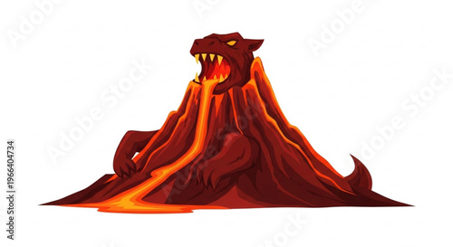 Fierce mythical creature shaped like an erupting volcano, spewing molten lava, illustrating primal power and destructive force in a dynamic fantasy art style