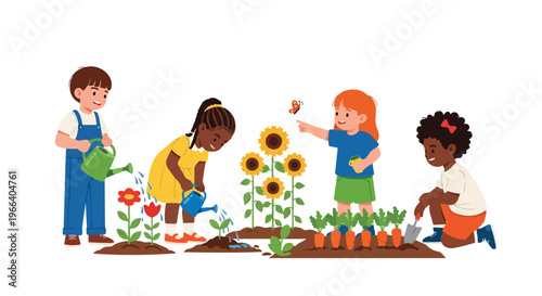 Four diverse children are happily gardening together, watering plants, planting vegetables, and observing a butterfly in a sunny outdoor setting.