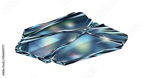 Close-up of intricate crystalline shards, depicting a fractured and geometric pattern with vibrant blue and green light reflections, symbolizing breakage and contemporary design